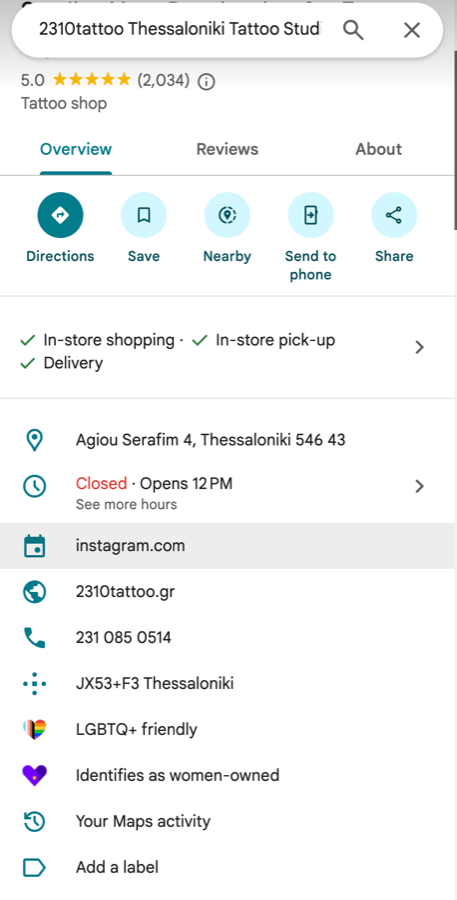 Το προφίλ Google Business του 2310tattoo Thessaloniki στην αρχή της καμπάνιας, με 2.034 κριτικές